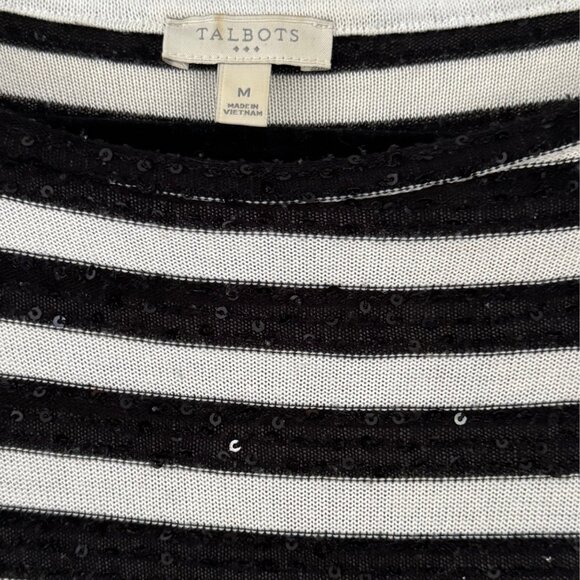 Talbots Striped Sweater Black White Sequins 3/4 Sleeves Scoop Neck Medium - Picture 3 of 3